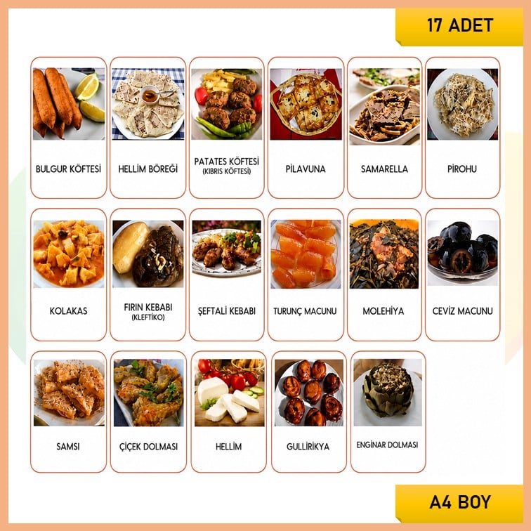 Yiyecek ve Tatlılarımız Kartları A4 Boy (17 Adet) - Malzemesiz