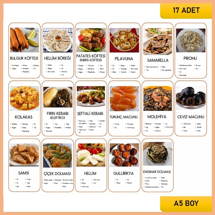 Yiyecek ve Tatlılarımız Kartları A5 Boy (17 Adet) - Malzemeli