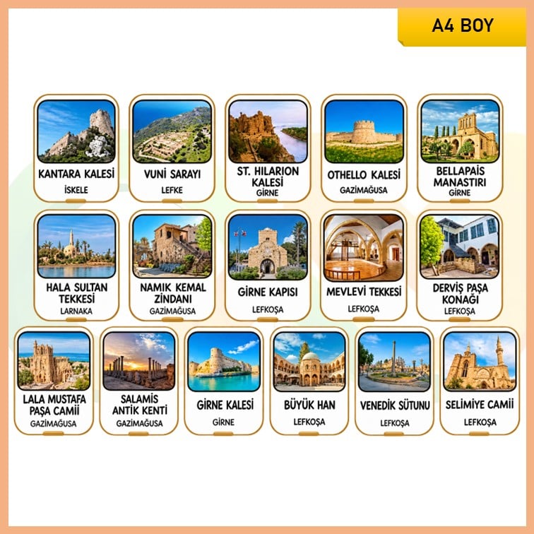 Tarihi Yerlerimiz Kartları (16 Adet) - A4 Boy