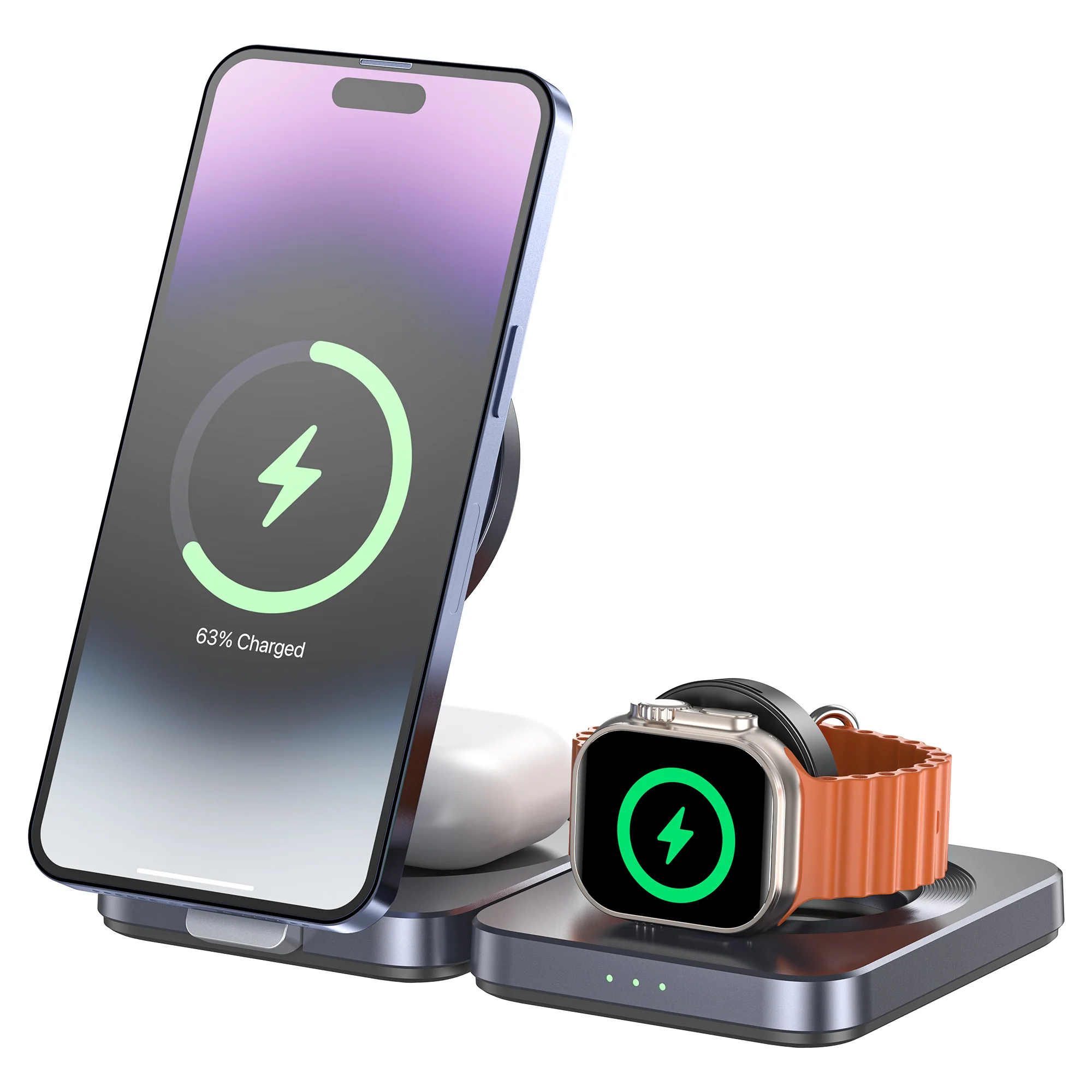Unitek P1300AGY01 Qi2 3ü 1 Arada Kablosuz Şarj İstasyonu 15W Katlanabilir iPhone AirPods Apple Watch