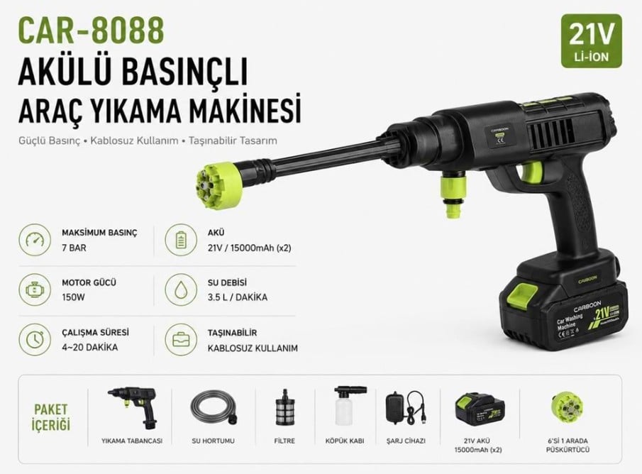 Carboon Car-8088 Akülü Basınçlı Araba Yıkama Makinesi