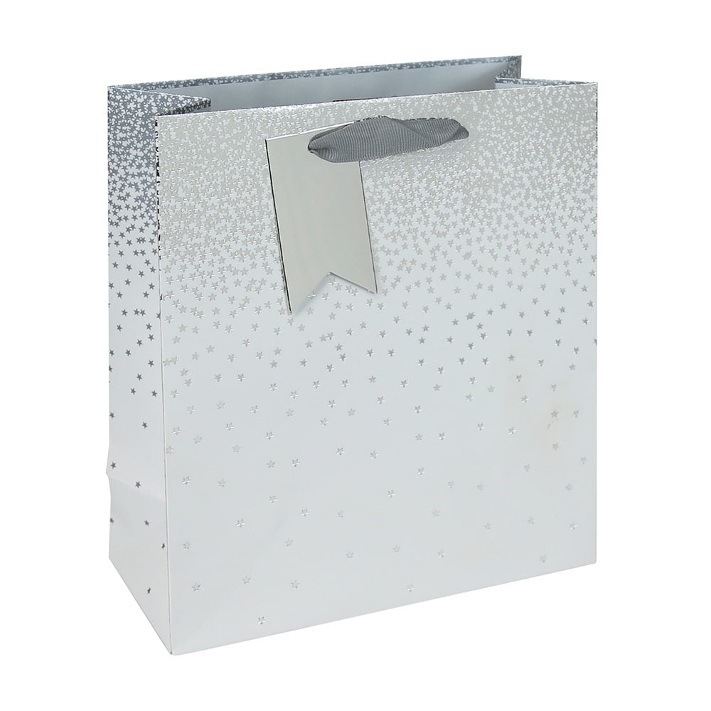 Hediye Çantası Gümüş Yıldızlar (M) EUROWRAP 34834-3C beyaz/gümüş