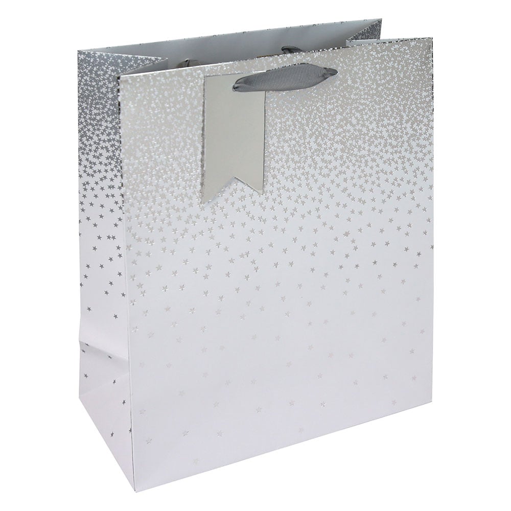 Hediye Torbası Gümüş Yıldızlar (L) EUROWRAP 34834-2C beyaz gümüş