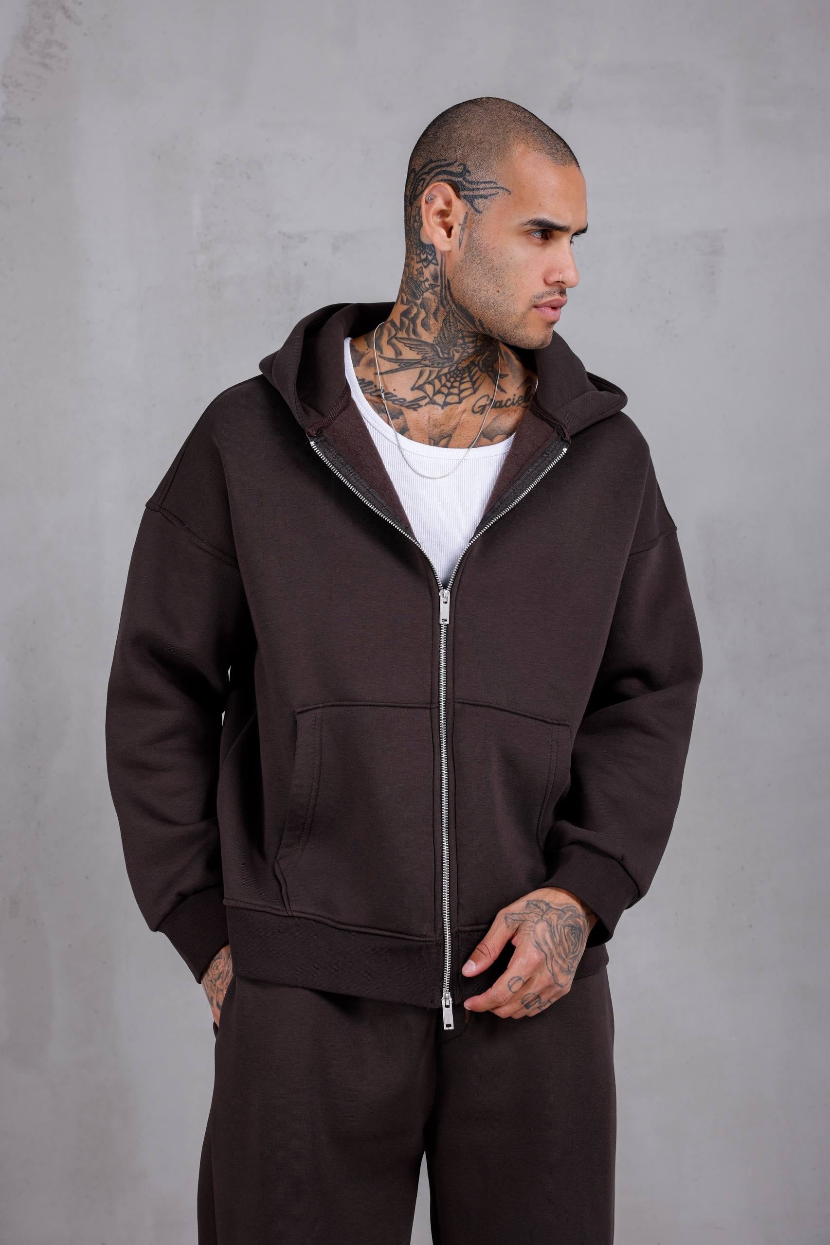 Basic Kahverengi Fermuarli Hoodie