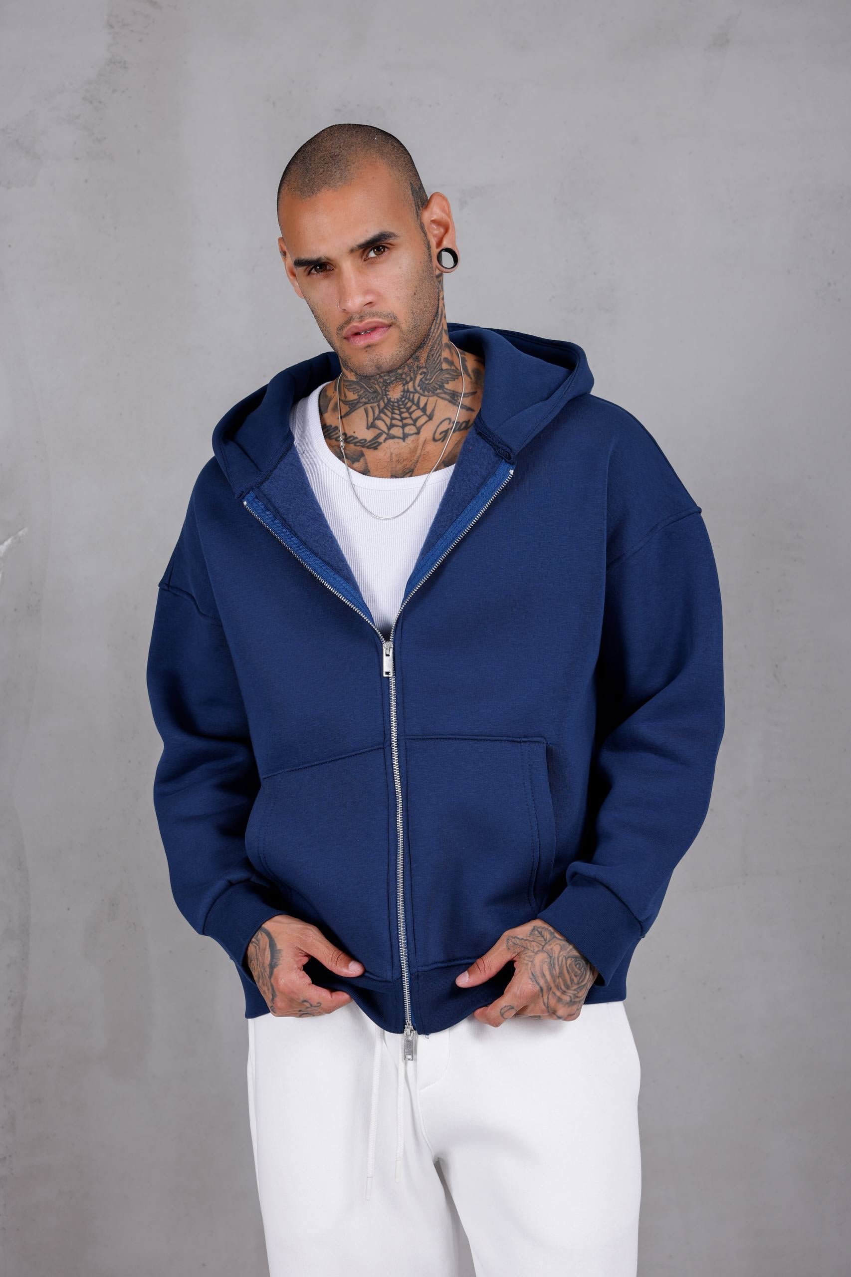 Basic Lacivert Fermuarli Hoodie