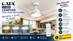 Cata CT-3000 Modern Tavan Vantilatörü Beyaz LED Işıklı ve Uzaktan Kumandalı